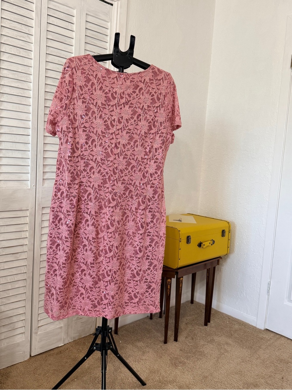 Pink Lace Midi Dress with Short Sleeves